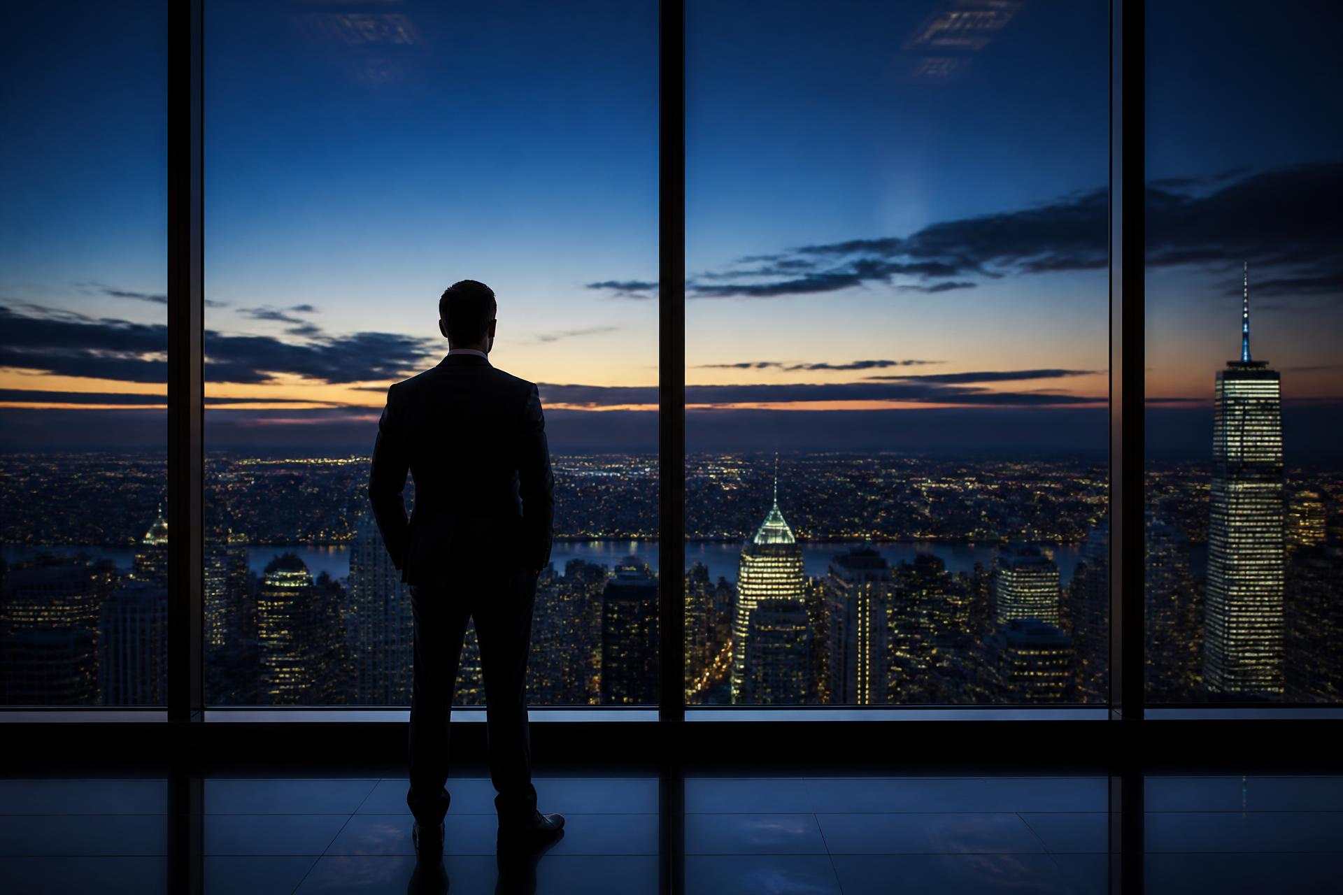Executivo observando o horizonte de uma cidade ao entardecer